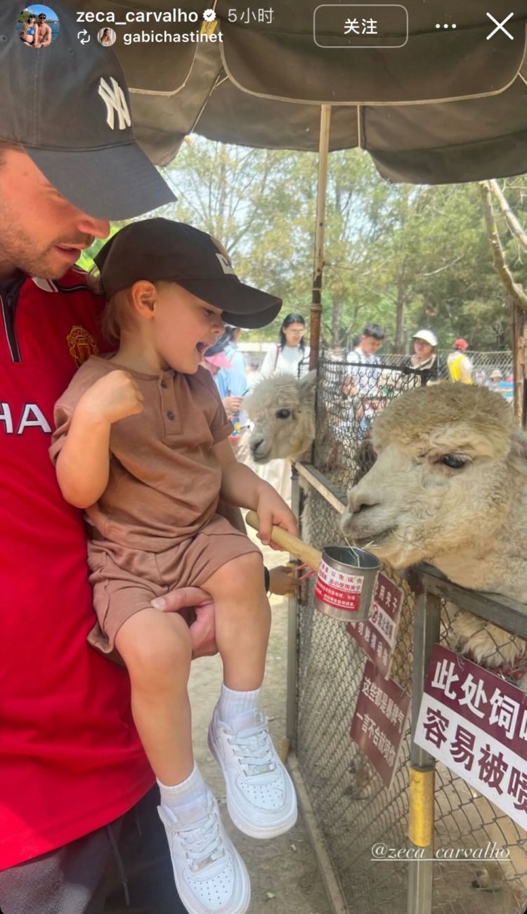 親子時光！泰山外援澤卡更新社媒，帶孩子在動物園玩耍&喂食羊駝