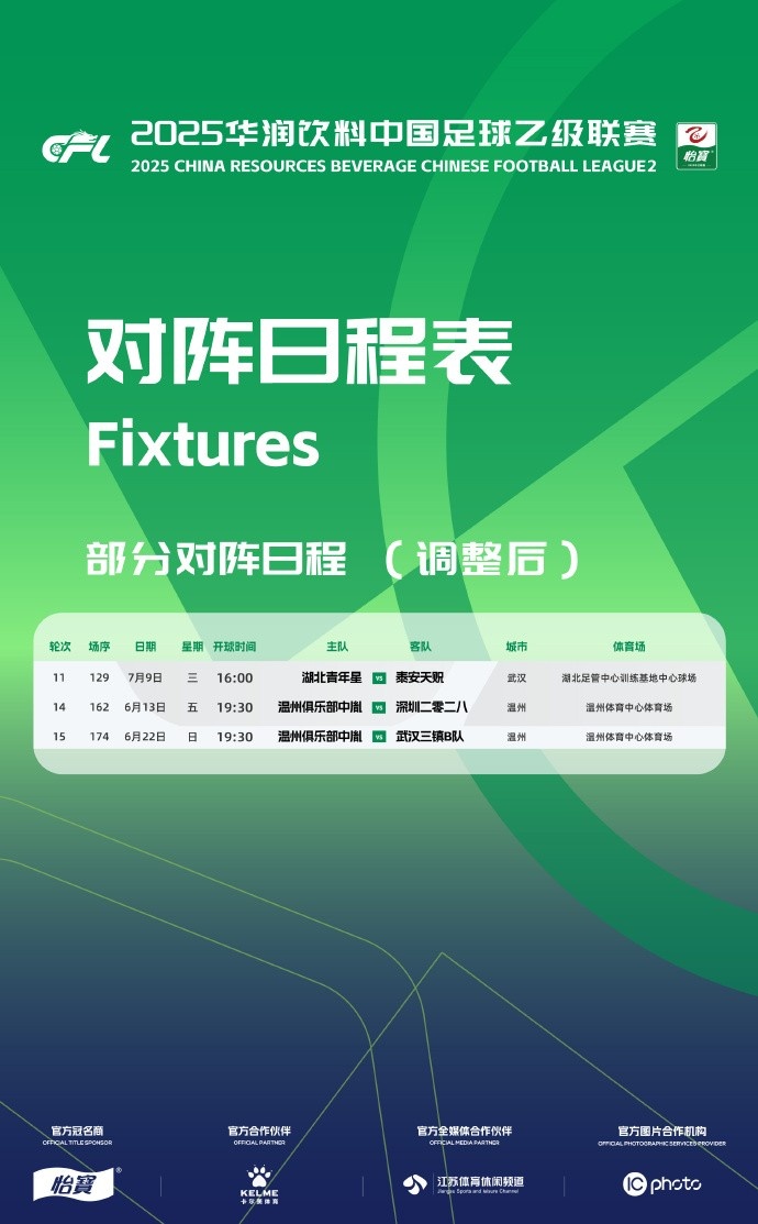 官方：因相關活動工作安排原因，中乙三場比賽賽程變更