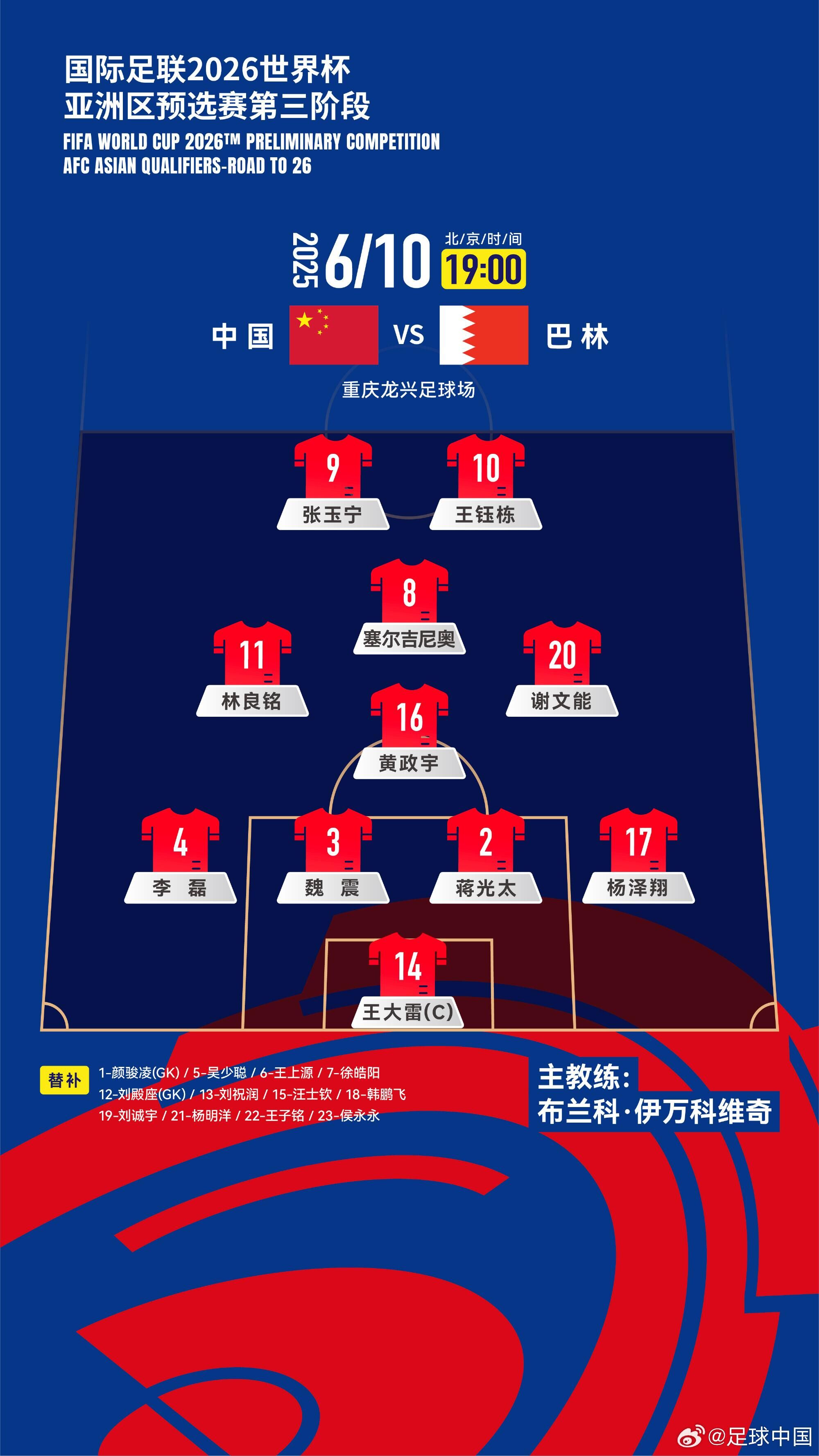 國足首發(fā)陣型：442菱形中場！黃政宇單后腰 王鈺棟、張玉寧雙前鋒