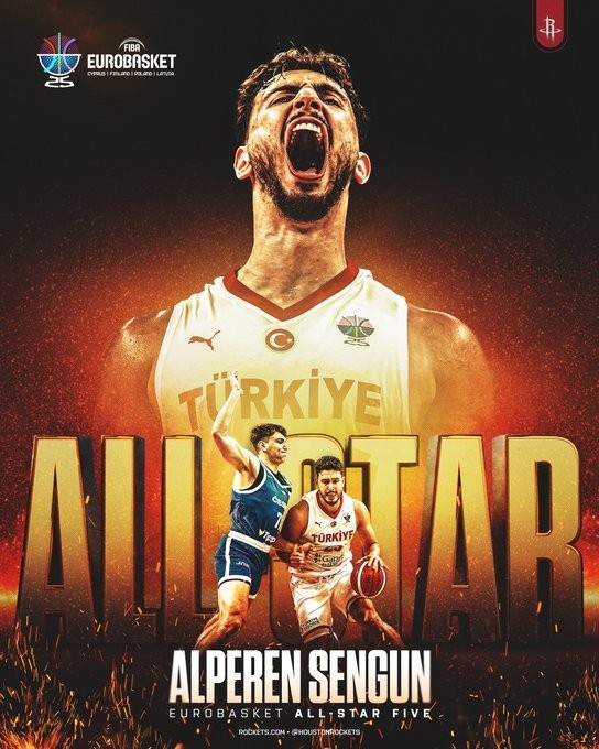 全村的驕傲！火箭官方發(fā)布海報 祝賀申京入選歐錦賽最佳陣容一陣