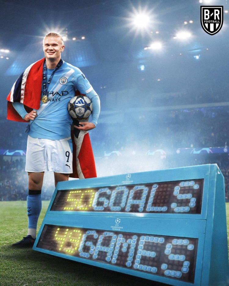 歷史最快！哈蘭德打進(jìn)歐冠50球用49場比賽，范尼和梅西分列二三位